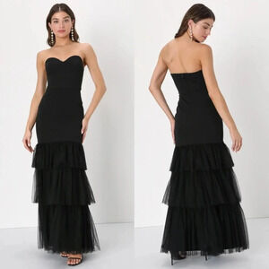 Lulu's Dramatic Fanatic Black Strapless Tulle Trumpet Maxi Dress Wedding Party